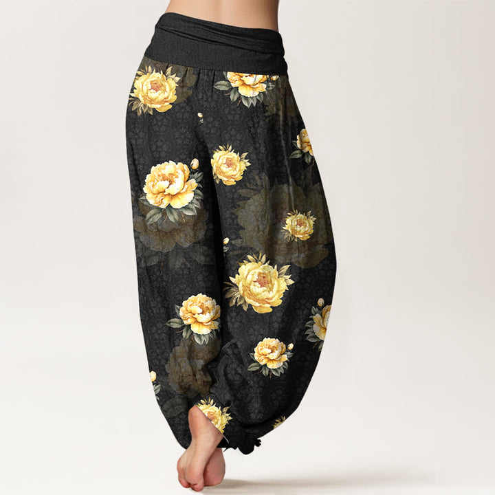 Pantaloni harem da donna con elastico in vita e motivo delicato di peonie in cotone Buddha Stones - image 6