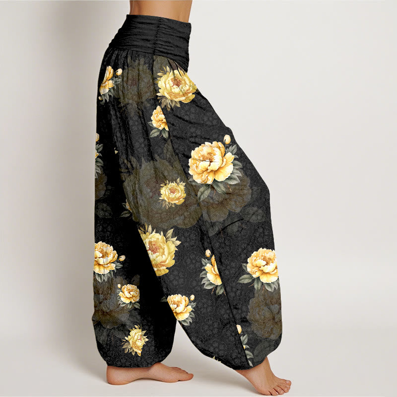 Pantaloni harem da donna con elastico in vita e motivo delicato di peonie in cotone Buddha Stones - image 7