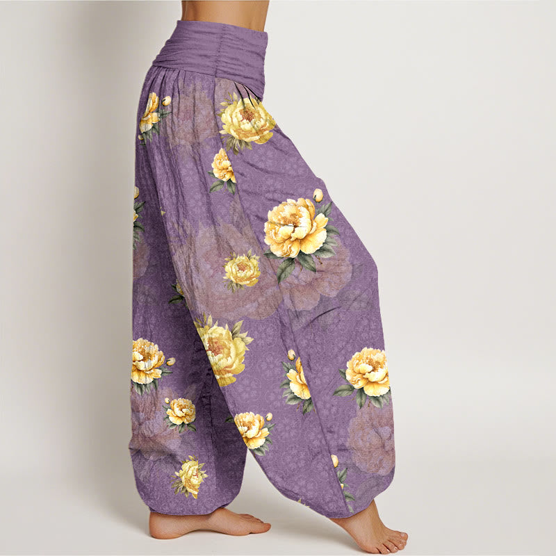 Pantaloni harem da donna con elastico in vita e motivo delicato di peonie in cotone Buddha Stones - image 10