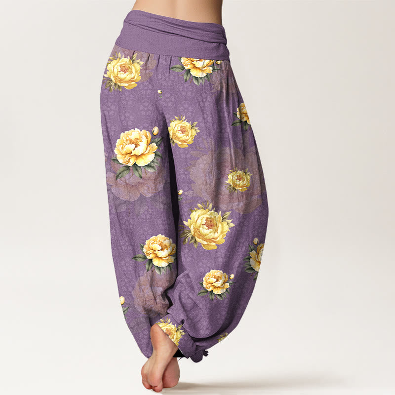 Pantaloni harem da donna con elastico in vita e motivo delicato di peonie in cotone Buddha Stones - image 9