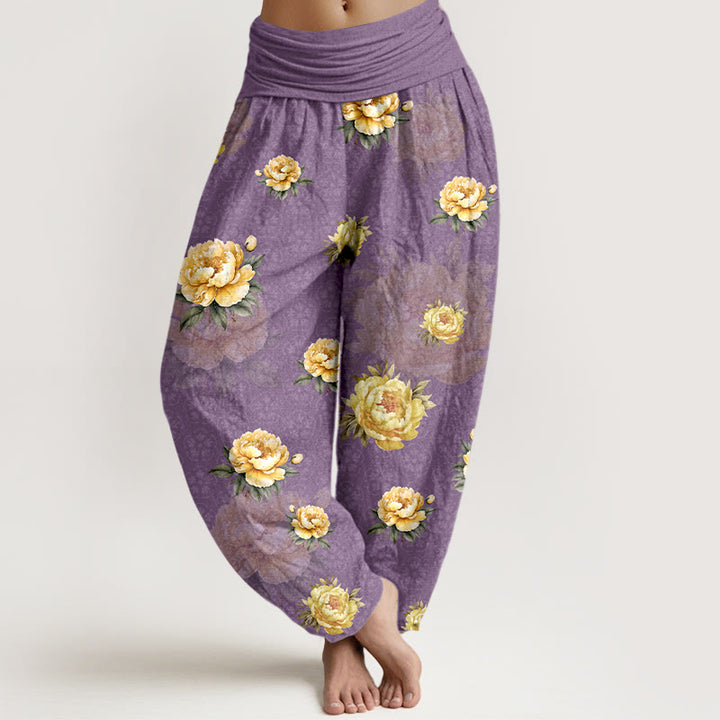 Pantaloni harem da donna con elastico in vita e motivo delicato di peonie in cotone Buddha Stones - Orchidea media - US16, UK/AU20, EU48 (3XL) - image 8