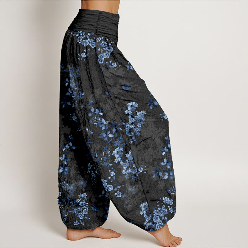 Pantaloni harem da donna con elastico in vita e motivo a foglie e fiori in cotone con Buddha Stones - image 2