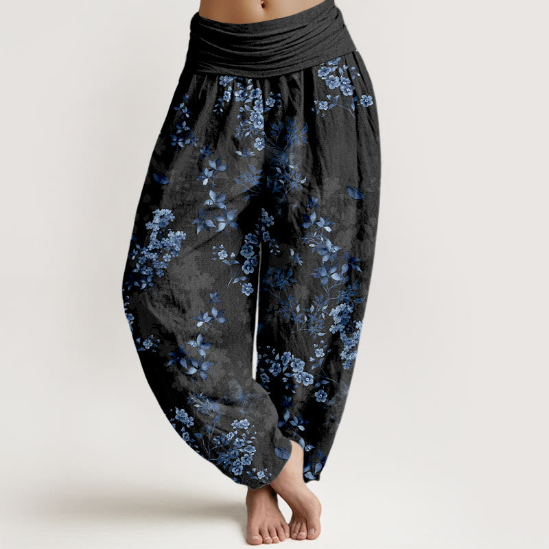 Pantaloni harem da donna con elastico in vita e motivo a foglie e fiori in cotone con Buddha Stones - Nero - US16, UK/AU20, EU48 (3XL) - image 0