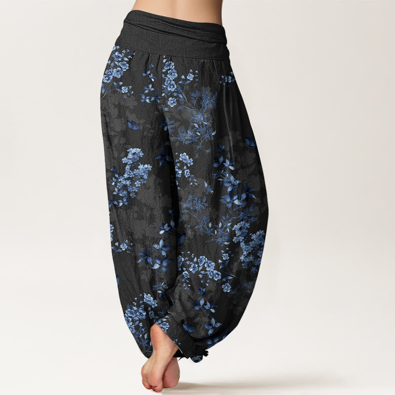 Pantaloni harem da donna con elastico in vita e motivo a foglie e fiori in cotone con Buddha Stones - image 1