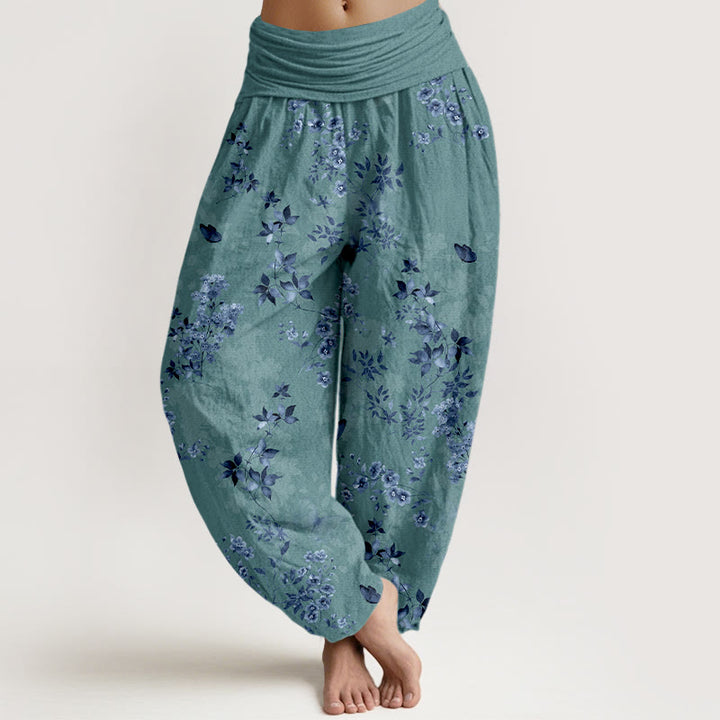 Pantaloni harem da donna con elastico in vita e motivo a foglie e fiori in cotone con Buddha Stones - CadetBlue - US16, UK/AU20, EU48 (3XL) - image 5