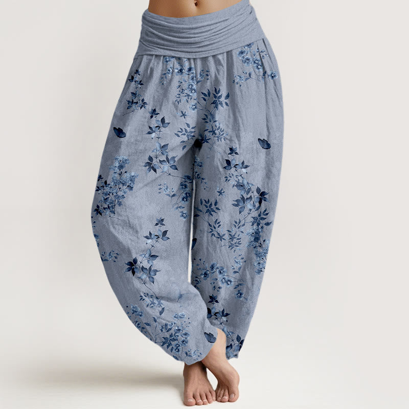 Pantaloni harem da donna con elastico in vita e motivo a foglie e fiori in cotone con Buddha Stones - Blu acciaio chiaro - US16, UK/AU20, EU48 (3XL) - image 8