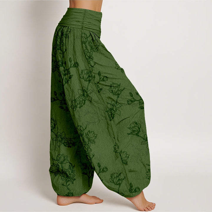 Pantaloni harem da donna con elastico in vita e motivo a boccioli di fiori in cotone con Buddha Stones - image 2