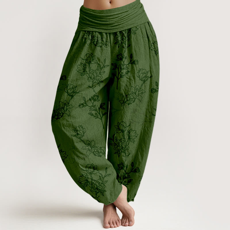 Pantaloni harem da donna con elastico in vita e motivo a boccioli di fiori in cotone con Buddha Stones - Verde scuro - US16, UK/AU20, EU48 (3XL) - image 0