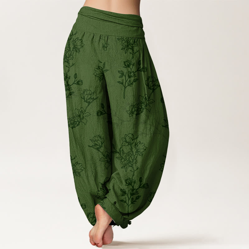 Pantaloni harem da donna con elastico in vita e motivo a boccioli di fiori in cotone con Buddha Stones - image 1