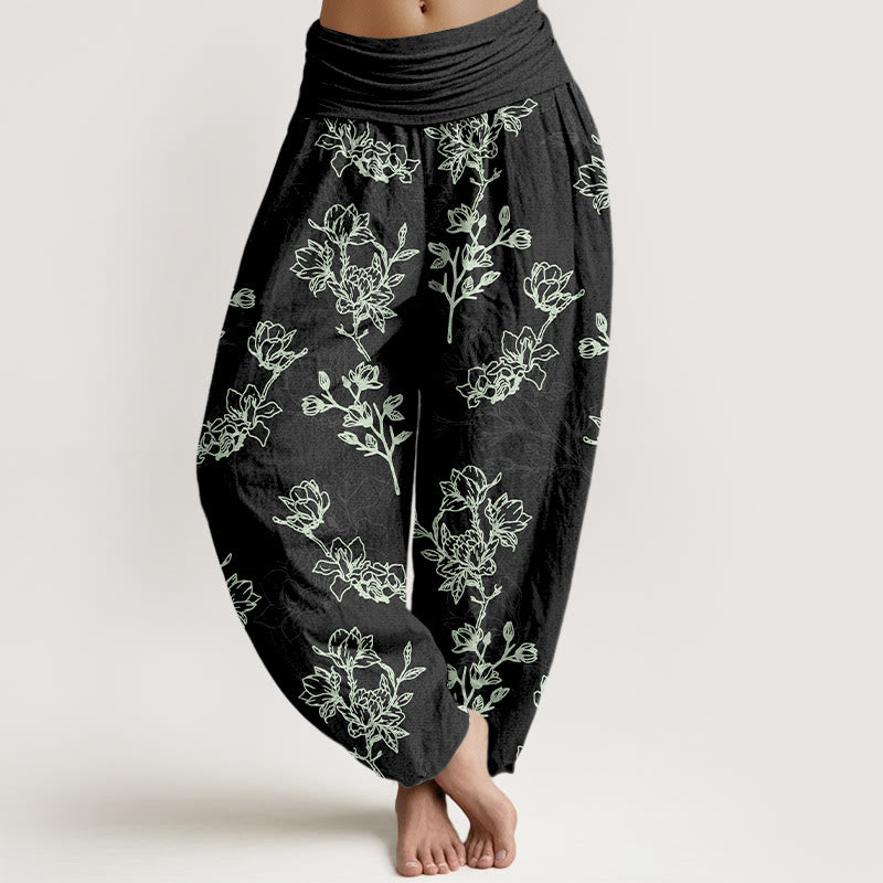 Pantaloni harem da donna con elastico in vita e motivo a boccioli di fiori in cotone con Buddha Stones - Nero - US16, UK/AU20, EU48 (3XL) - image 5