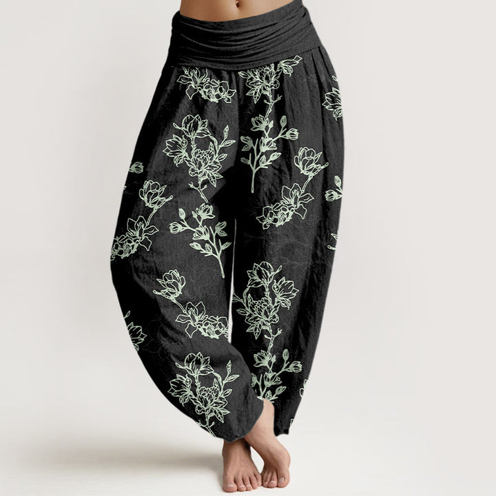 Pantaloni harem da donna con elastico in vita e motivo a boccioli di fiori in cotone con Buddha Stones - Nero - US16, UK/AU20, EU48 (3XL) - image 5