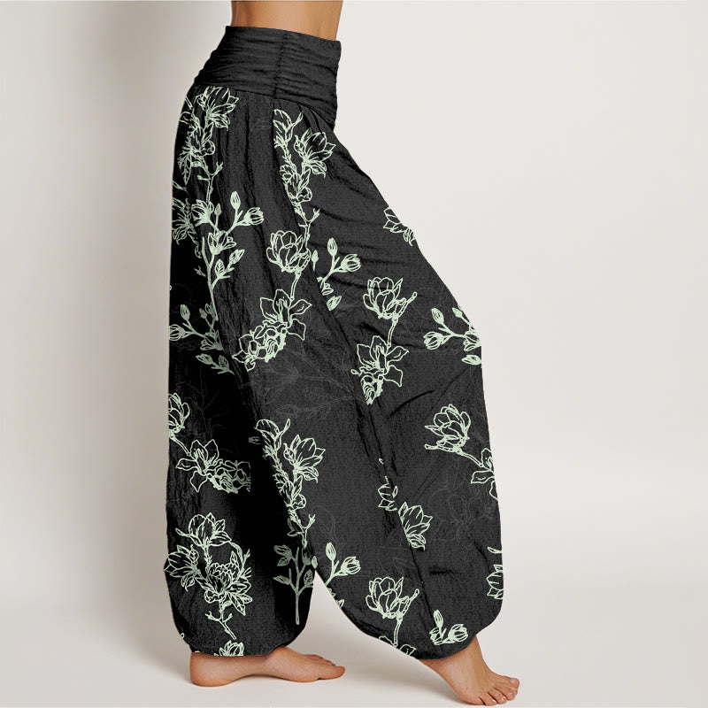 Pantaloni harem da donna con elastico in vita e motivo a boccioli di fiori in cotone con Buddha Stones - image 7