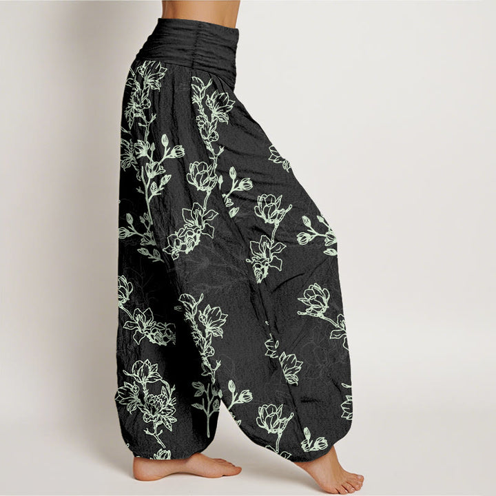 Pantaloni harem da donna con elastico in vita e motivo a boccioli di fiori in cotone con Buddha Stones - image 7
