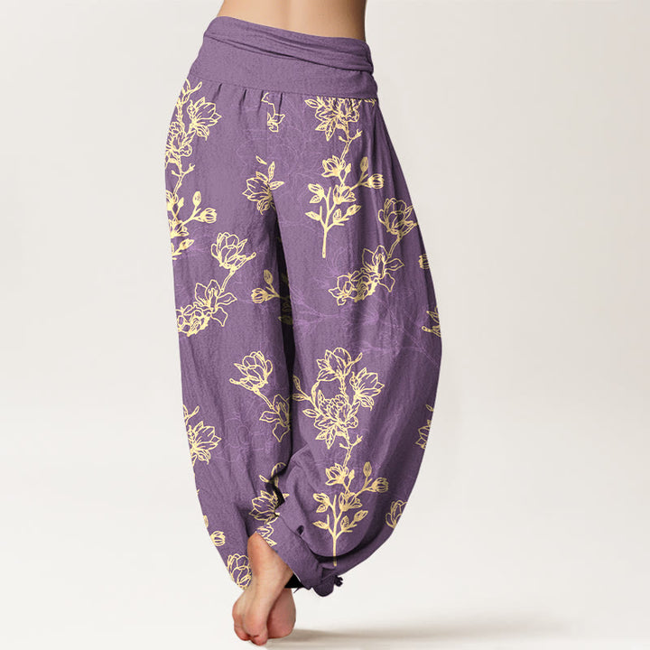 Pantaloni harem da donna con elastico in vita e motivo a boccioli di fiori in cotone con Buddha Stones - image 9