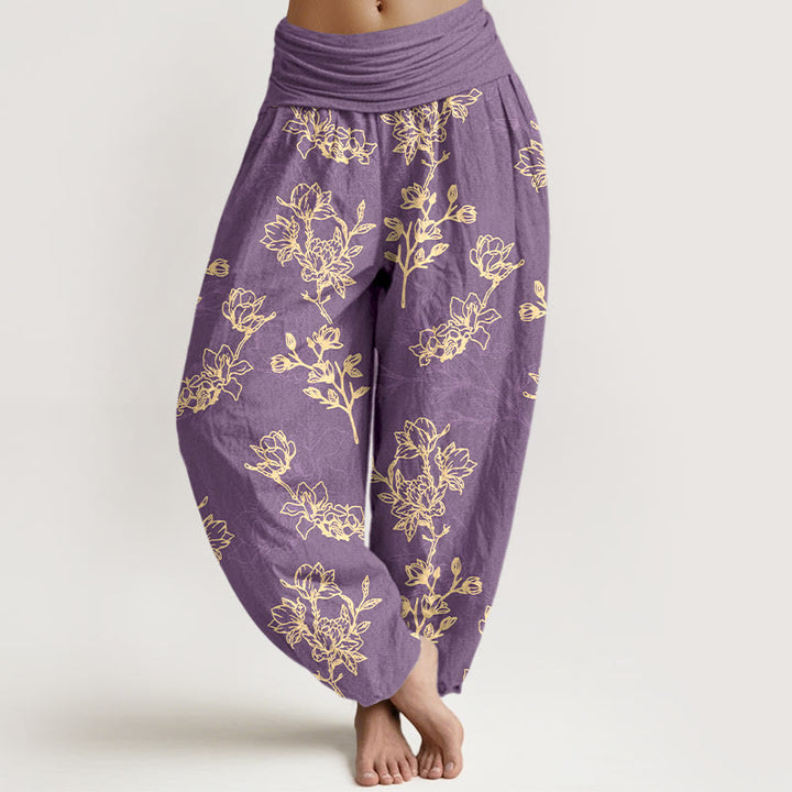 Pantaloni harem da donna con elastico in vita e motivo a boccioli di fiori in cotone con Buddha Stones - Viola medio - US16, UK/AU20, EU48 (3XL) - image 8
