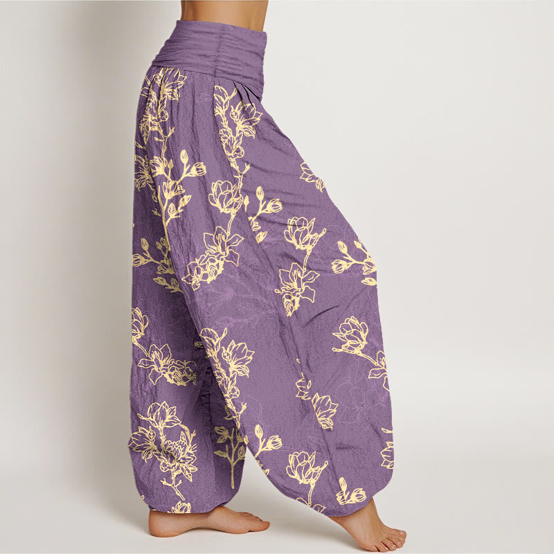 Pantaloni harem da donna con elastico in vita e motivo a boccioli di fiori in cotone con Buddha Stones - image 10