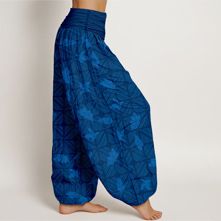Pantaloni harem da donna con elastico in vita e motivo a foglie a scacchi in cotone con Buddha Stones - image 2