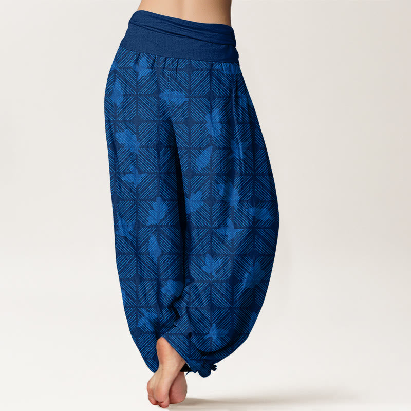Pantaloni harem da donna con elastico in vita e motivo a foglie a scacchi in cotone con Buddha Stones - image 1