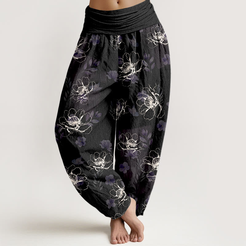 Pantaloni harem da donna con elastico in vita e motivo floreale retrò in cotone Buddha Stones - Nero - US16, UK/AU20, EU48 (3XL) - image 0