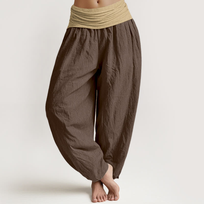 Pantaloni harem da donna in cotone con elastico in vita, colore marrone, blu e nero, tinta unita , Buddha Stones - Marrone sella - US16, UK/AU20, EU48 (3XL) - image 0