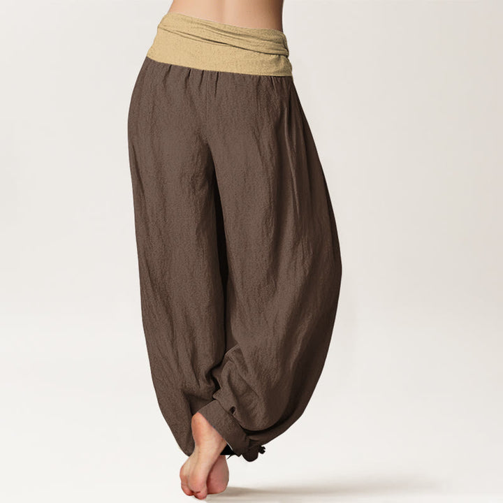 Pantaloni harem da donna in cotone con elastico in vita, colore marrone, blu e nero, tinta unita , Buddha Stones - image 1