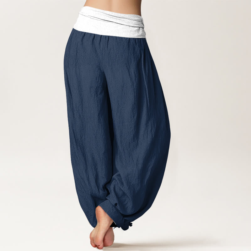 Pantaloni harem da donna in cotone blu nero grigio tinta unita con elastico in vita Buddha Stones - image 1