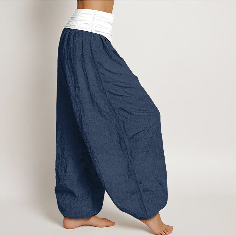 Pantaloni harem da donna in cotone blu nero grigio tinta unita con elastico in vita Buddha Stones - image 2