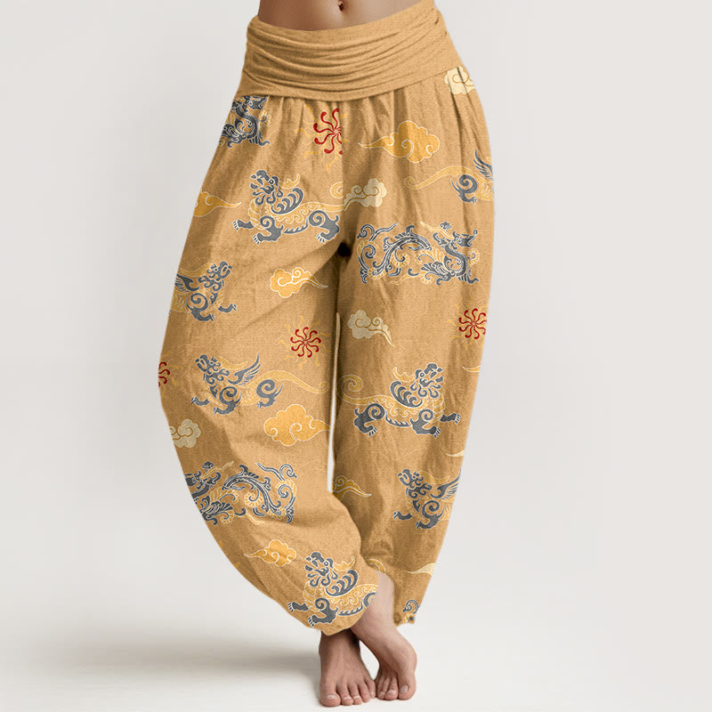Pantaloni harem da donna con elastico in vita, in cotone, con motivo a nuvola, motivo drago e bestia di buon auspicio, motivo Buddha Stones - Oro - US16, UK/AU20, EU48 (3XL) - image 0