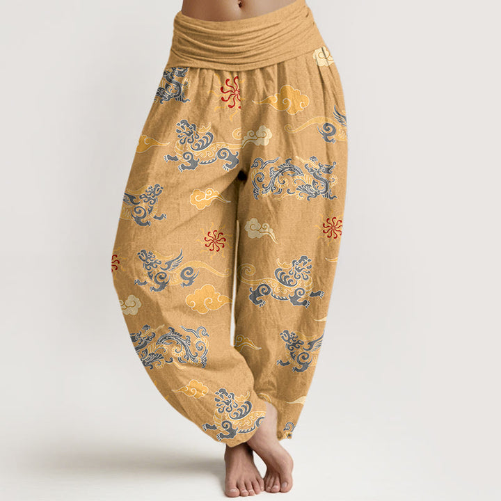 Pantaloni harem da donna con elastico in vita, in cotone, con motivo a nuvola, motivo drago e bestia di buon auspicio, motivo Buddha Stones - Oro - US16, UK/AU20, EU48 (3XL) - image 0