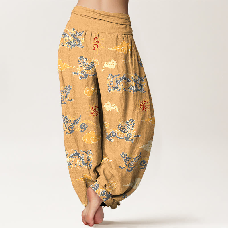 Pantaloni harem da donna con elastico in vita, in cotone, con motivo a nuvola, motivo drago e bestia di buon auspicio, motivo Buddha Stones - image 1