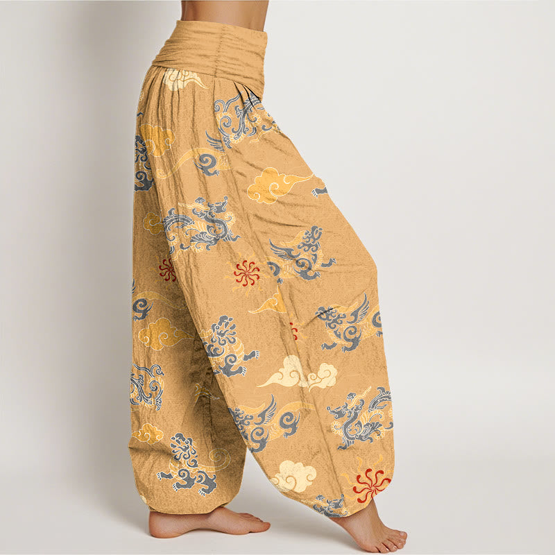 Pantaloni harem da donna con elastico in vita, in cotone, con motivo a nuvola, motivo drago e bestia di buon auspicio, motivo Buddha Stones - image 2