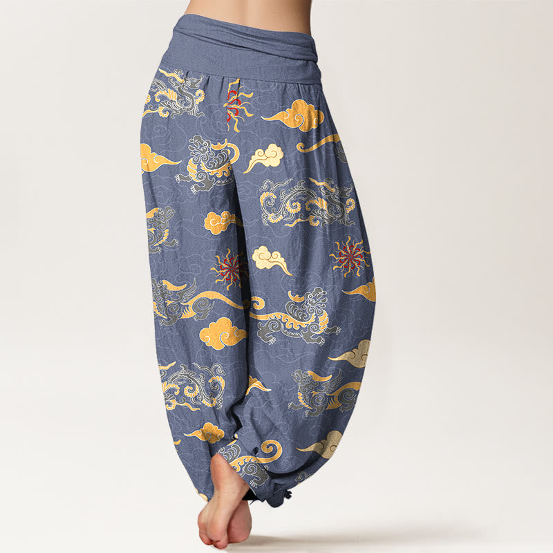 Pantaloni harem da donna con elastico in vita, in cotone, con motivo a nuvola, motivo drago e bestia di buon auspicio, motivo Buddha Stones - image 6