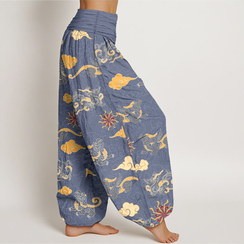 Pantaloni harem da donna con elastico in vita, in cotone, con motivo a nuvola, motivo drago e bestia di buon auspicio, motivo Buddha Stones - image 7