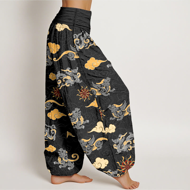 Pantaloni harem da donna con elastico in vita, in cotone, con motivo a nuvola, motivo drago e bestia di buon auspicio, motivo Buddha Stones - image 10
