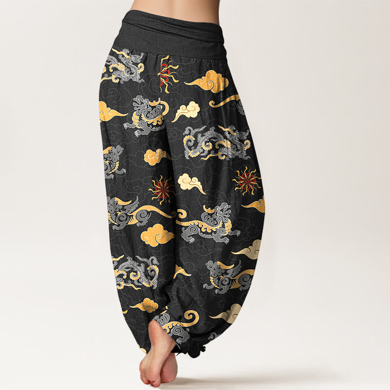Pantaloni harem da donna con elastico in vita, in cotone, con motivo a nuvola, motivo drago e bestia di buon auspicio, motivo Buddha Stones - image 9