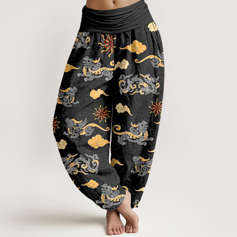 Pantaloni harem da donna con elastico in vita, in cotone, con motivo a nuvola, motivo drago e bestia di buon auspicio, motivo Buddha Stones - Nero - US16, UK/AU20, EU48 (3XL) - image 8