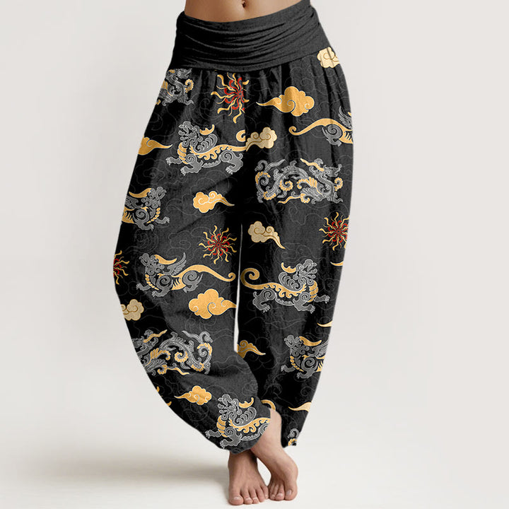 Pantaloni harem da donna con elastico in vita, in cotone, con motivo a nuvola, motivo drago e bestia di buon auspicio, motivo Buddha Stones - Nero - US16, UK/AU20, EU48 (3XL) - image 8