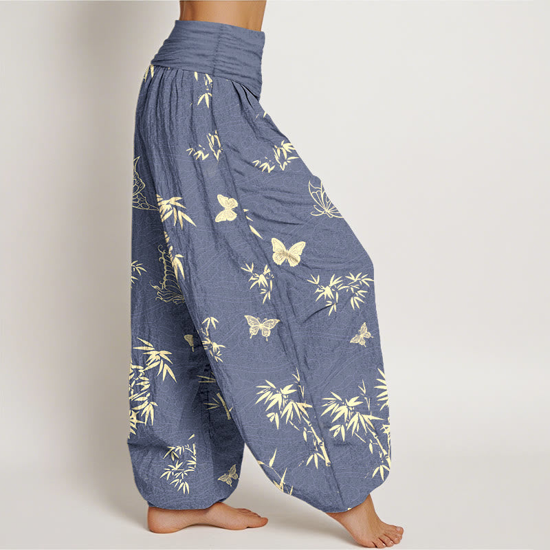 Pantaloni harem da donna con elastico in vita, in cotone, con motivo elegante a farfalla e bambù, motivo Buddha Stones - image 2