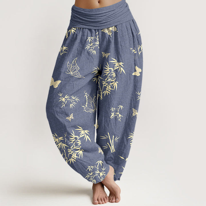 Pantaloni harem da donna con elastico in vita, in cotone, con motivo elegante a farfalla e bambù, motivo Buddha Stones - Ardesia Blu - US16, UK/AU20, EU48 (3XL) - image 0