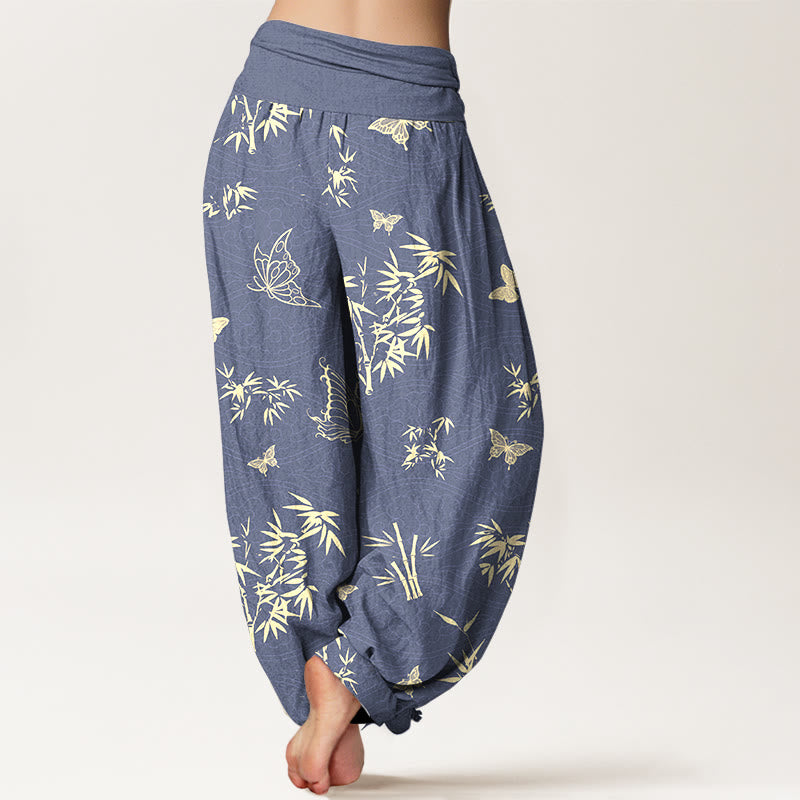 Pantaloni harem da donna con elastico in vita, in cotone, con motivo elegante a farfalla e bambù, motivo Buddha Stones - image 1