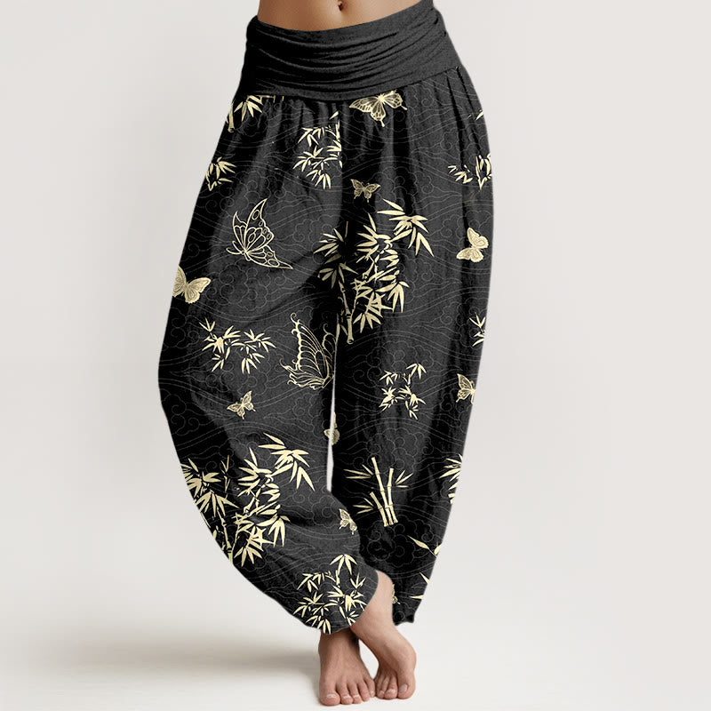 Pantaloni harem da donna con elastico in vita, in cotone, con motivo elegante a farfalla e bambù, motivo Buddha Stones - Nero - US16, UK/AU20, EU48 (3XL) - image 5