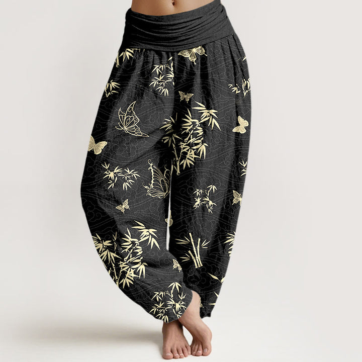 Pantaloni harem da donna con elastico in vita, in cotone, con motivo elegante a farfalla e bambù, motivo Buddha Stones - Nero - US16, UK/AU20, EU48 (3XL) - image 5