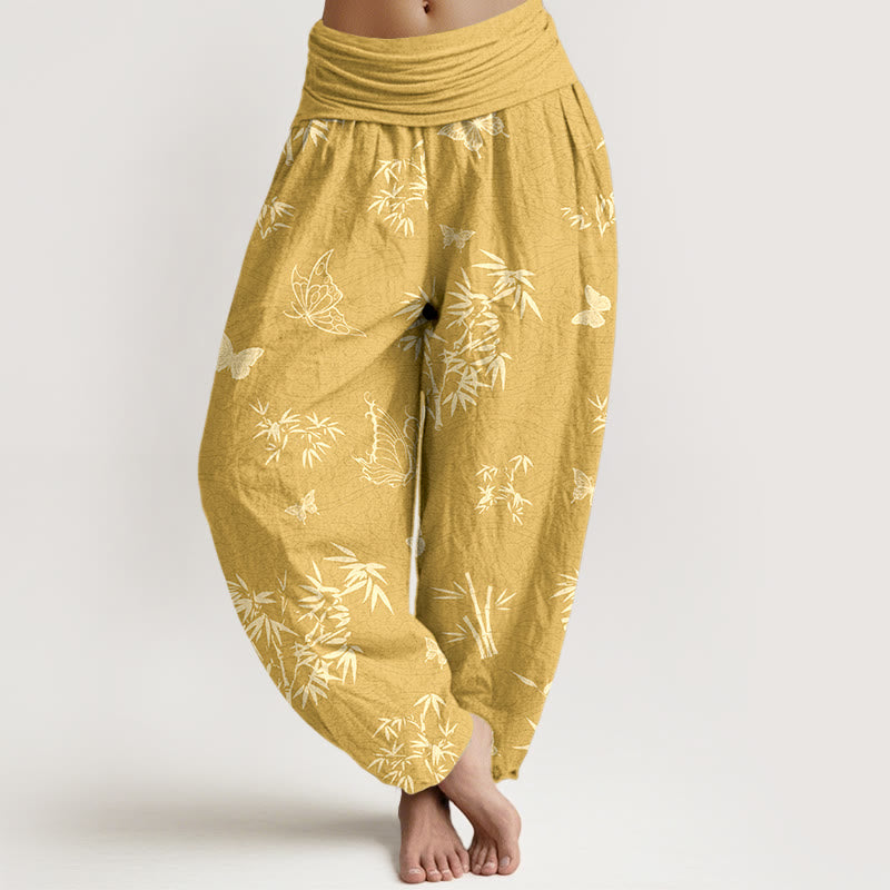 Pantaloni harem da donna con elastico in vita, in cotone, con motivo elegante a farfalla e bambù, motivo Buddha Stones - Oro - US16, UK/AU20, EU48 (3XL) - image 8