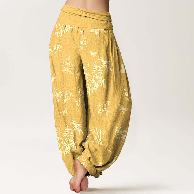 Pantaloni harem da donna con elastico in vita, in cotone, con motivo elegante a farfalla e bambù, motivo Buddha Stones - image 9