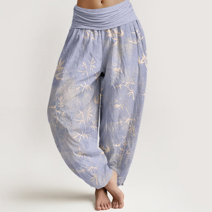 Pantaloni harem da donna con elastico in vita e motivo a foglie di bambù semplici in cotone con Buddha Stones - Lavanda - US16, UK/AU20, EU48 (3XL) - image 0