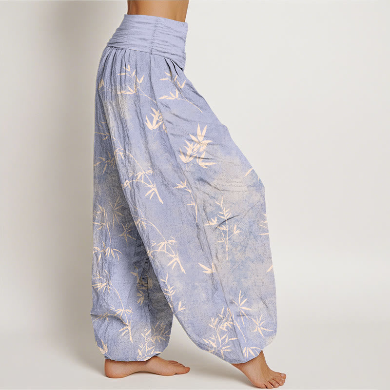 Pantaloni harem da donna con elastico in vita e motivo a foglie di bambù semplici in cotone con Buddha Stones - image 2