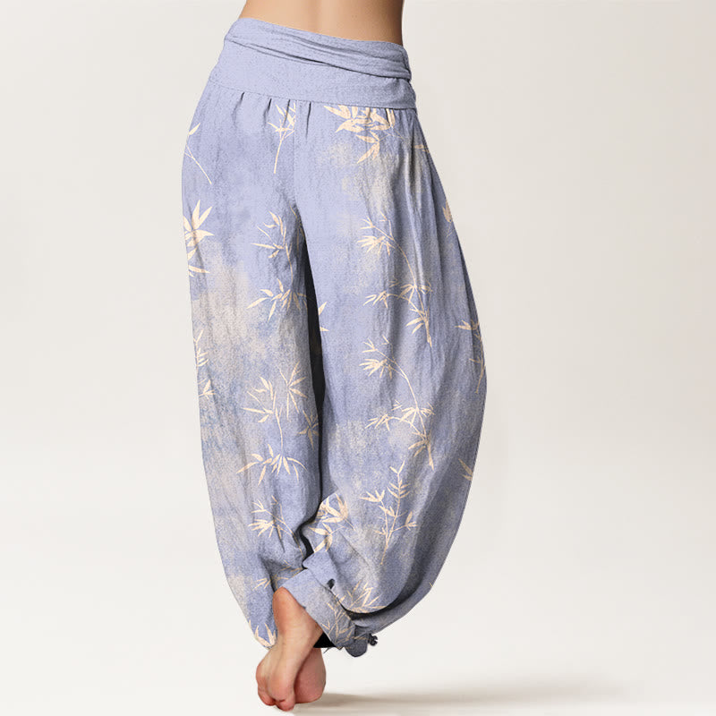 Pantaloni harem da donna con elastico in vita e motivo a foglie di bambù semplici in cotone con Buddha Stones - image 1