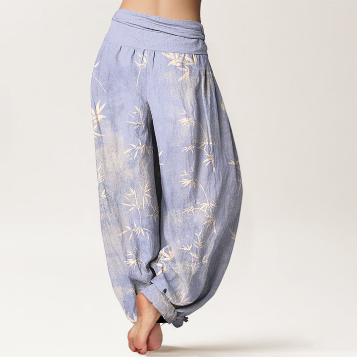 Pantaloni harem da donna con elastico in vita e motivo a foglie di bambù semplici in cotone con Buddha Stones - image 1