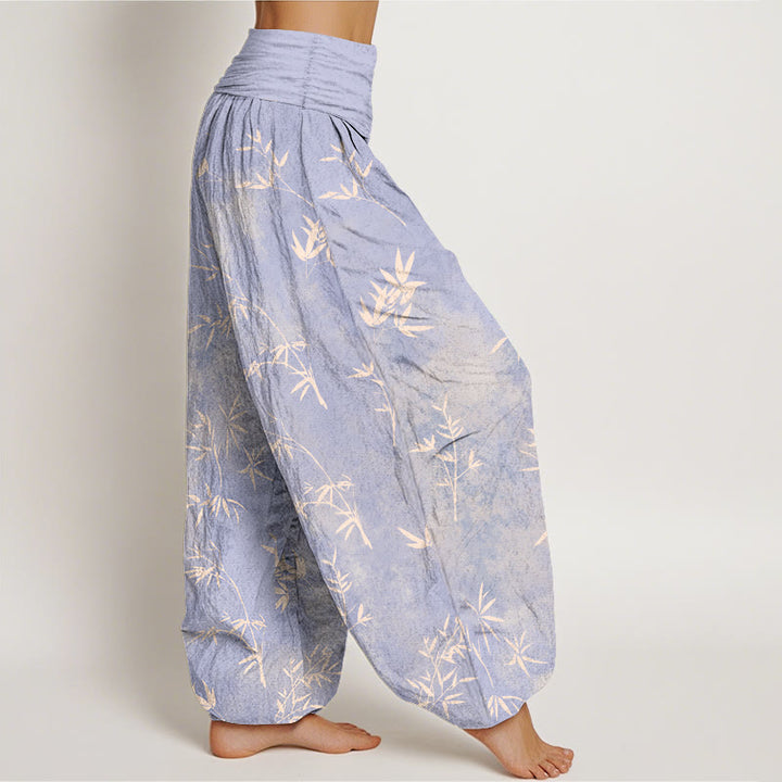 Pantaloni harem da donna con elastico in vita e motivo a foglie di bambù semplici in cotone con Buddha Stones - image 2