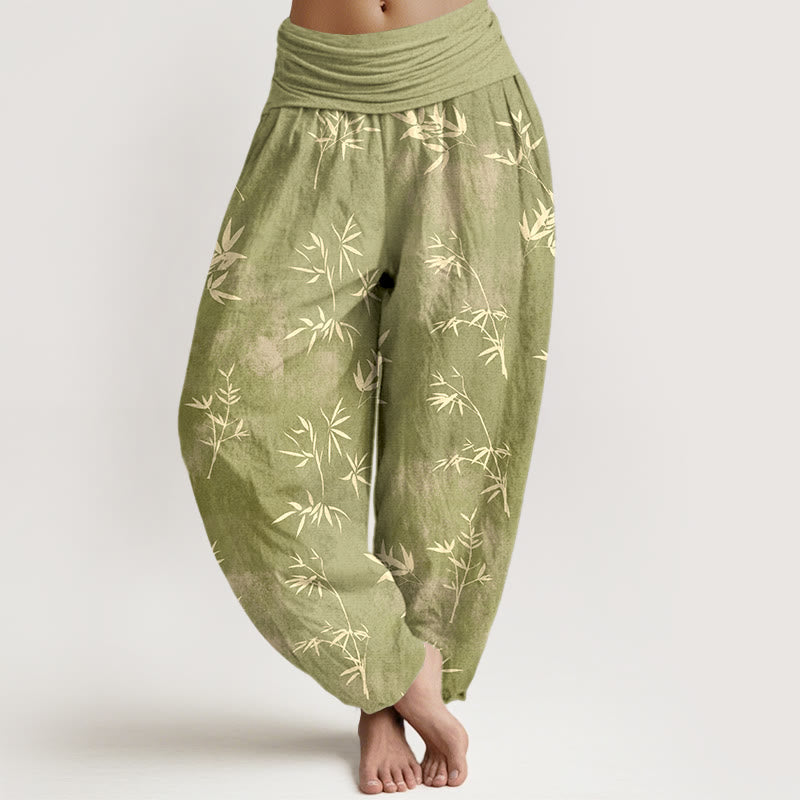 Pantaloni harem da donna con elastico in vita e motivo a foglie di bambù semplici in cotone con Buddha Stones - GialloVerde - US16, UK/AU20, EU48 (3XL) - image 5